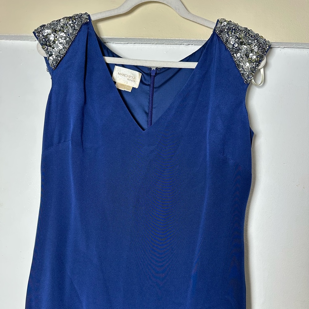 Marchesa Notte Blue Silk Evening Gown Beaded Shoulders V Neck Sleeveless 10 - Picture 4 of 13